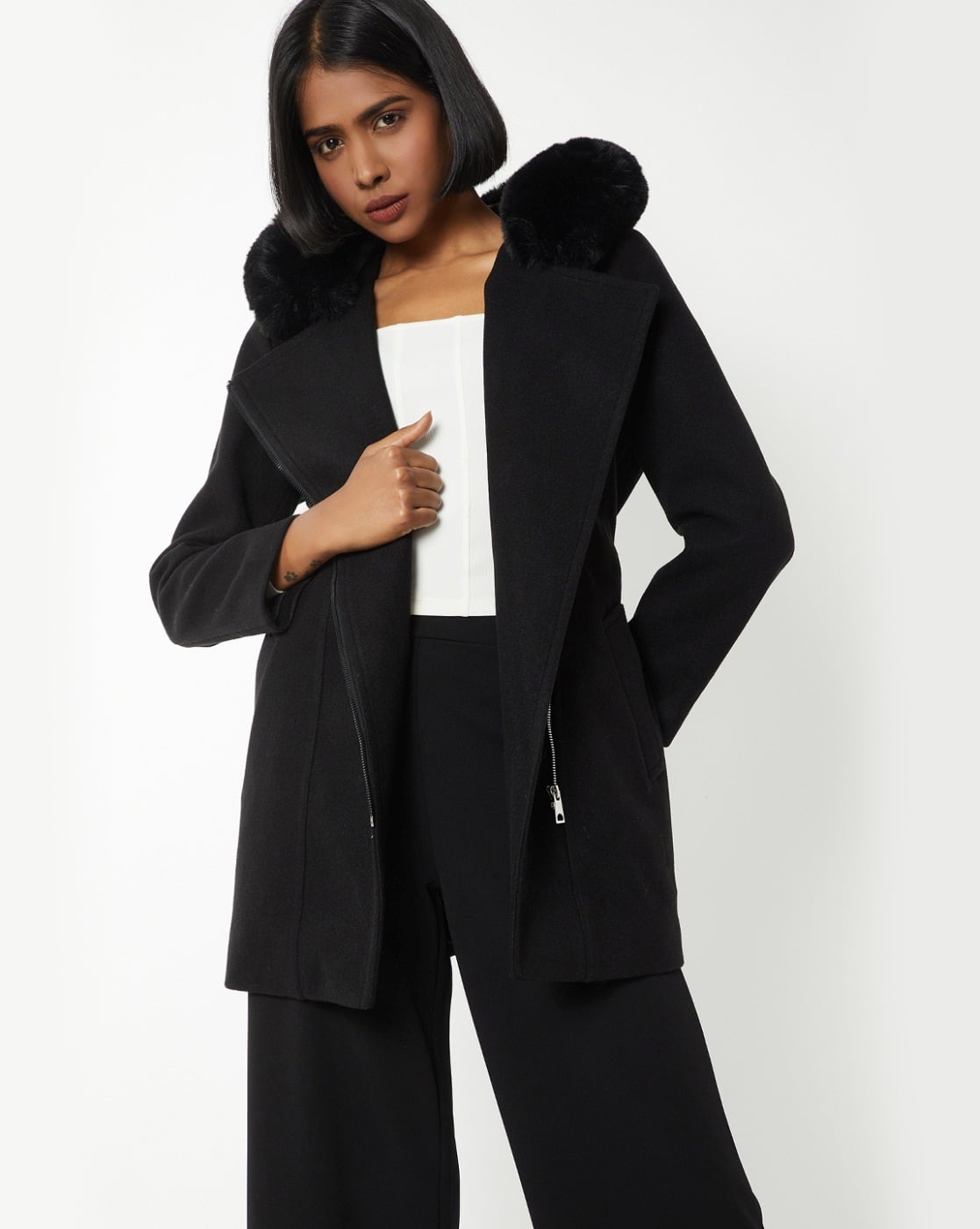 Buy MAX Women Fur Hood Longline Jacket Online | Ajio.com
