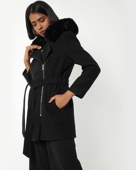 Buy MAX Women Fur Hood Longline Jacket Online | Ajio.com