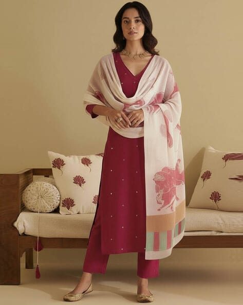 ANNI DESIGNER Women Polka-Dot Straight Print Kurta Suit Set