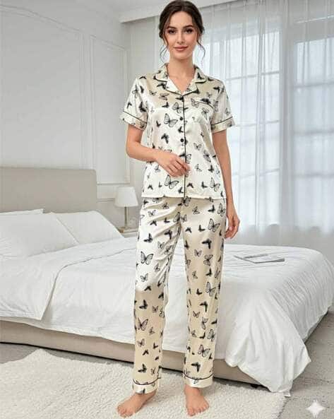 Jade & Julie Women Printed Shirt & Pyjamas Set