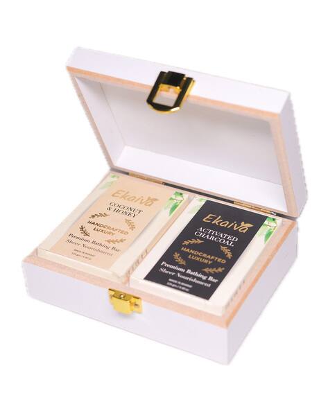 Ekaiva Organics Set of 2 Handcrafted Activated Charcoal & Coconut Honey Bath Bars with Wooden Keepsake Box