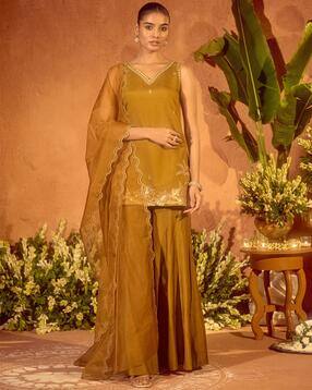 FIORRA Women's Cotton Kurta Set - Straight Cut With Palazzo Pants & Dupatta, Casual/Festive (Brown) - View #12