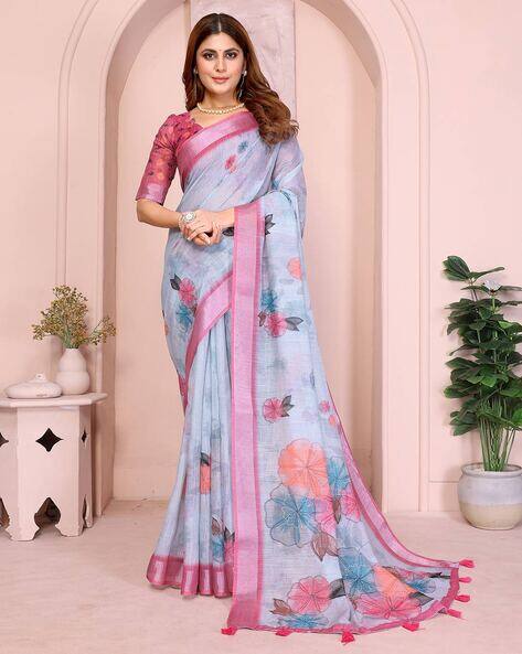 Revangi Floral Print Saree with Contrast Border