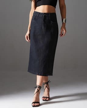 miss chase High Rise Straight Fit Midi Denim Skirt -picture-17