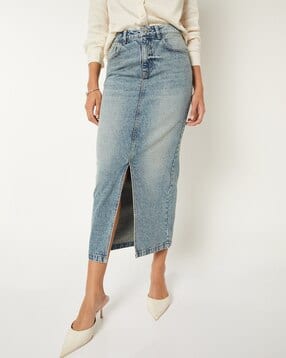 Washed Denim Pencil Midi Skirt-image-11