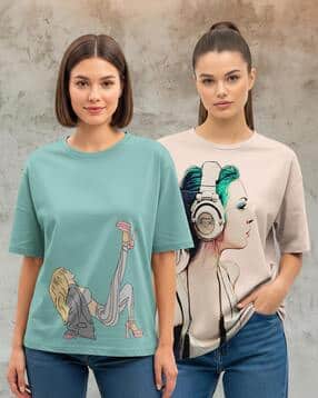 hellcat Women Pack of 2 Graphic Print Oversized Fit Crew-Neck T-Shirts-picture-41