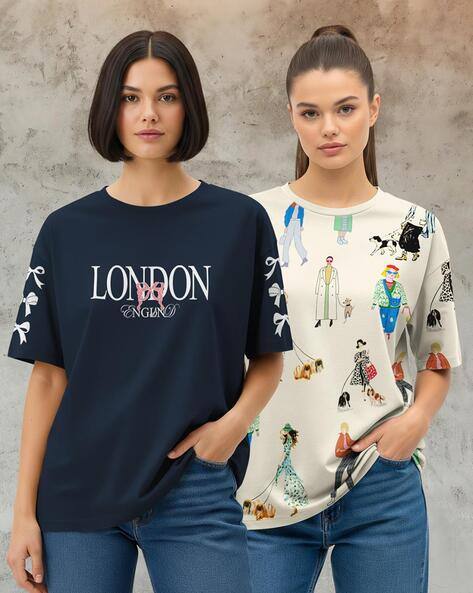 Hellcat Women Pack of 2 Graphic Print Oversized Fit Crew-Neck T-Shirts