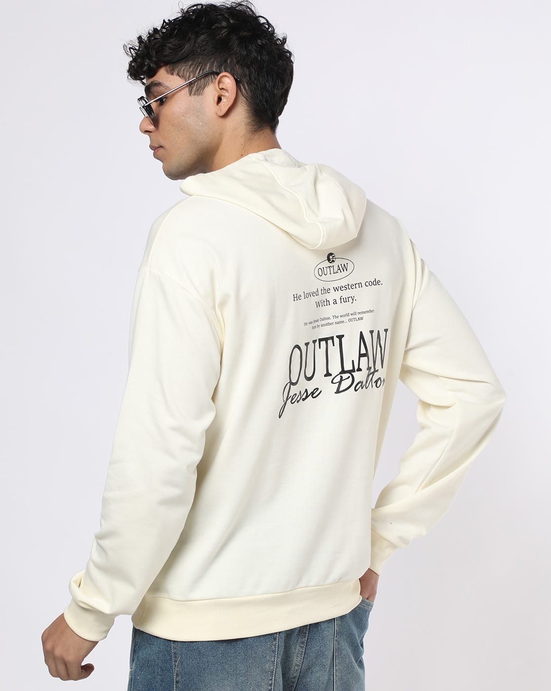 Buda Jeans Co Men Graphic Print Oversized Fit Hoodie For Men (Cream, M)