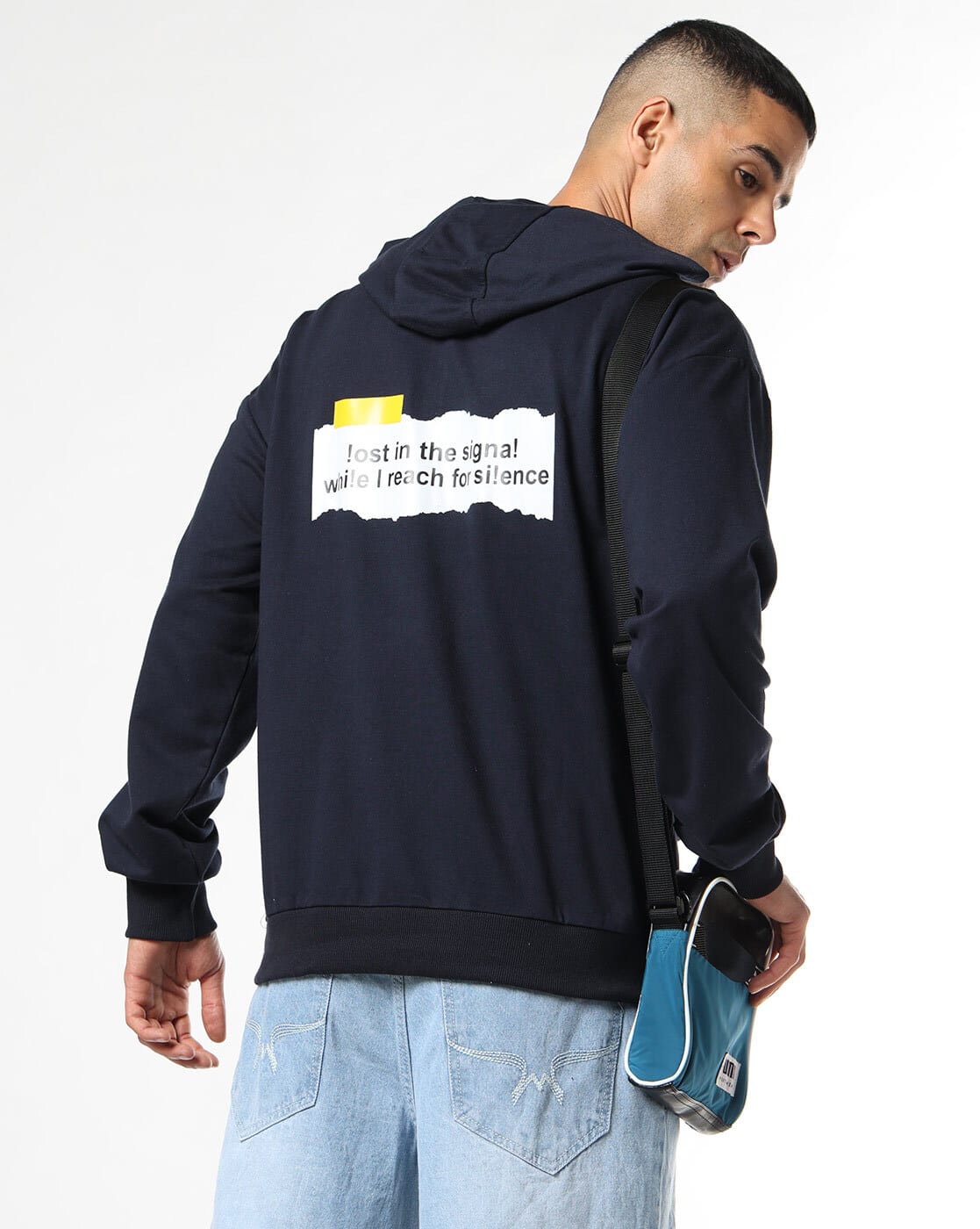 Buda Jeans Co Men Typographic Print Oversized Fit Hoodie For Men (Navy, L)