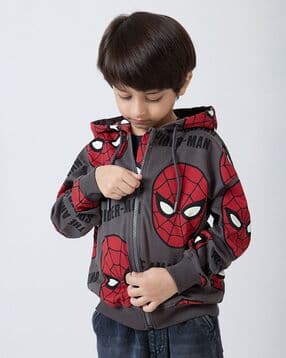 Boys Spiderman Pattern Zip-Front Hooded Sweatshirt -image-49