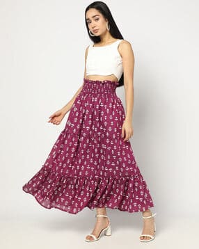 Women Floral Print Smocked Flared Skirt
