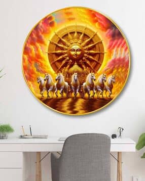 Surya Dev 3D Round Wall Art with Golden Frame