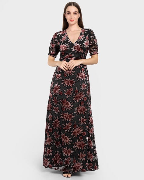 theulluu.com Women Floral Print Maxi Fit and Flare Dress
