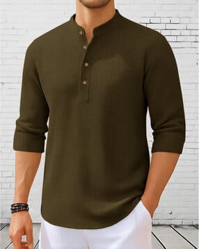 eyebogler Men Ribbed Regular Fit Shirt with Mandarin Collar-picture-42