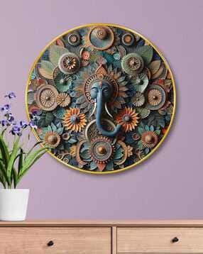 Lord Ganesha 3D Round Floral Wall Art with Golden Frame
