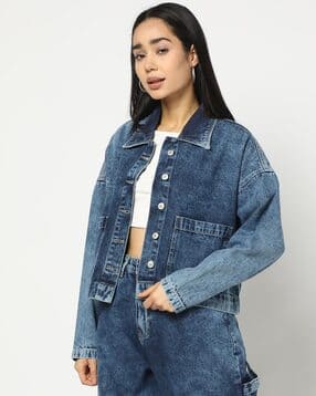 Women Heavy-Wash Boxy Fit Denim Jacket