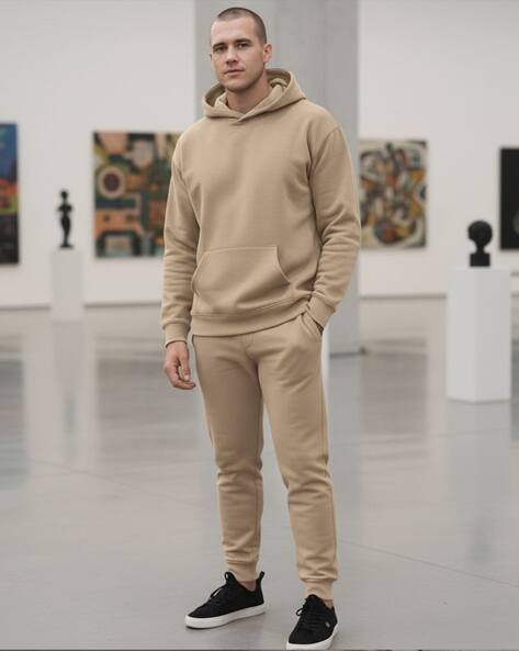 beige hoodie joggers set mens