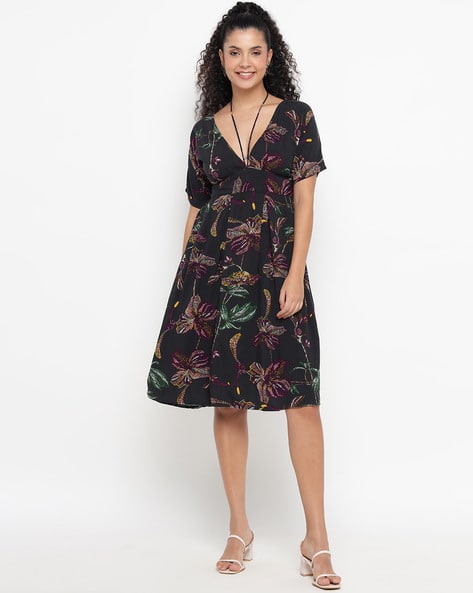 theulluu.com Women Floral Print Knee Fit and Flare Dress