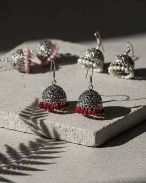 nvr Women Pair of 3 Oxidized Silver Plated Jhumkas-picture-14