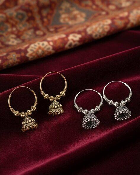 NVR Women Pair of 2 Oxidized Silver Plated Jhumkas