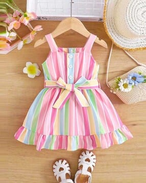 Girls Striped Square-Neck Frock-image-43