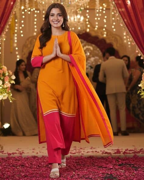 GOSRIKI Women Colourblock Straight Kurta Set