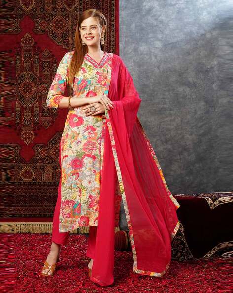 AAGHNYA FASHION Women Floral Print Straight Kurta Suit Set