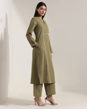 pink fort Women A-Line V-Neck Pant-Suit Set-picture-24