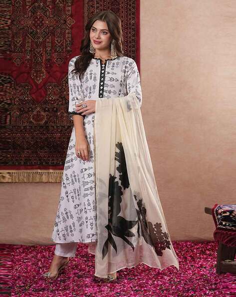 GOSRIKI Women Floral Print Anarkali Kurta Suit Set