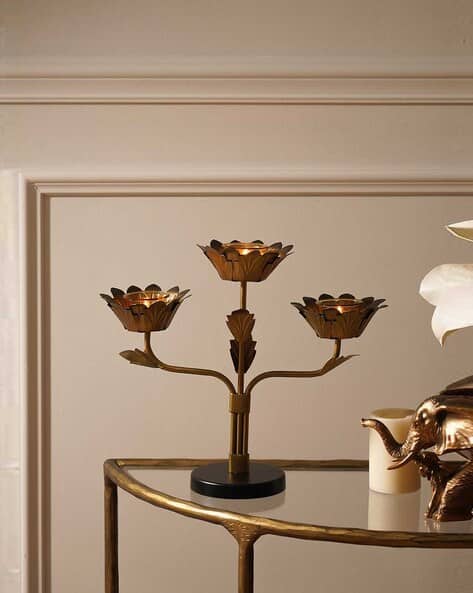 Pure Home And Living Bronze Lotus Shaped 3 Arm Candelabra