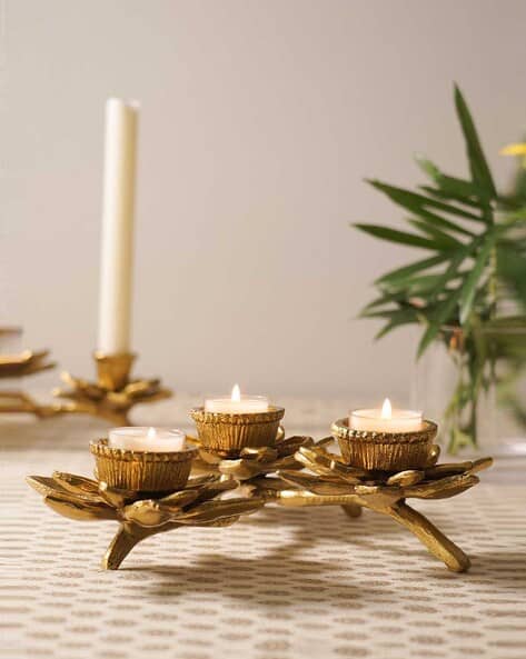Pure Home And Living Gold 3 Arm Flower Candle Holder