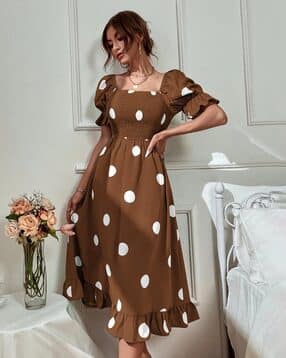 Women Polka Dot Midi Fit and Flare Dress-image-25