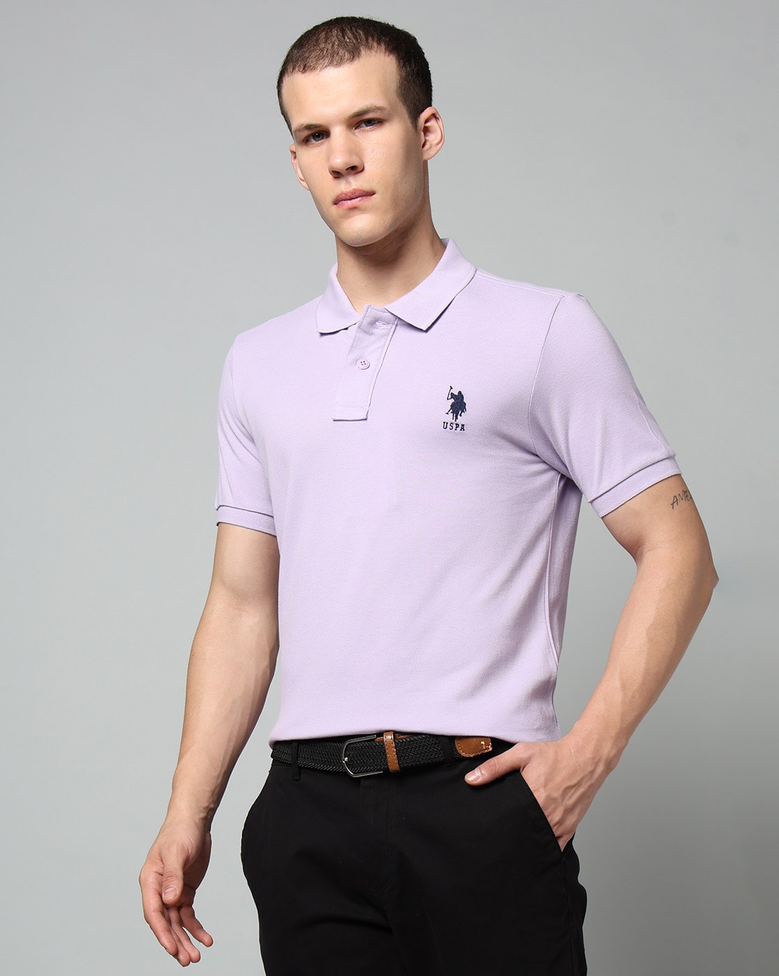 U.S. Polo Assn. Polo T-shirt with Embroidered Logo For Men (Lavender, L)