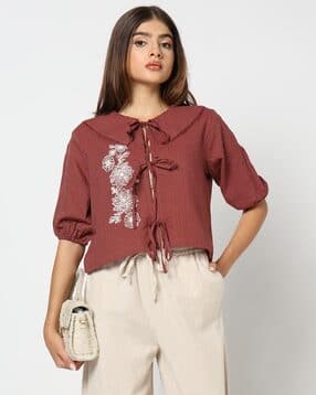 yousta Women Embroidered Crop Fit Front Tie-Up Top-picture-45