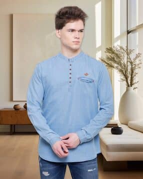 kuons avenue Men Band-Collar Denim Tailored Fit Short Kurta-picture-26