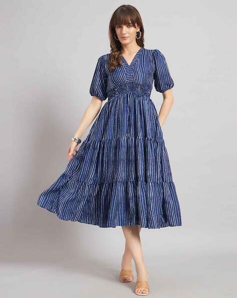 Raiyani Fashion Women Striped V-Neck Fit & Flare Dress