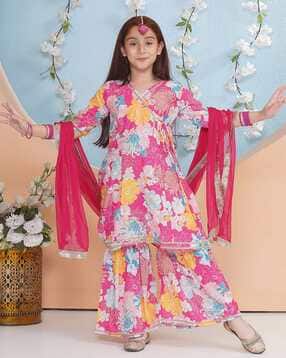 fabflee x ag Girls Floral Print Angrakha Kurta with Sharara & Dupatta-picture-2