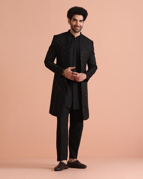 KISAH Men Navy Blue Embellished Indowestern Sherwani Trouser Set Ethnic Wear
