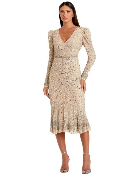 blue flared dress Ladivine CC0389 Fitted Embellished Formal Gown with Plunging Neckline Silver-Nude / 16 main image 0