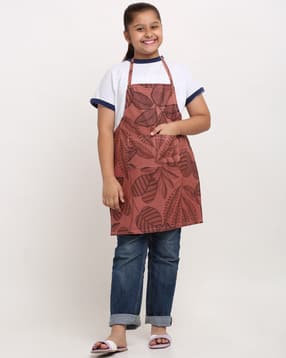 Leaf Print Apron with Patch Pocket-image-48
