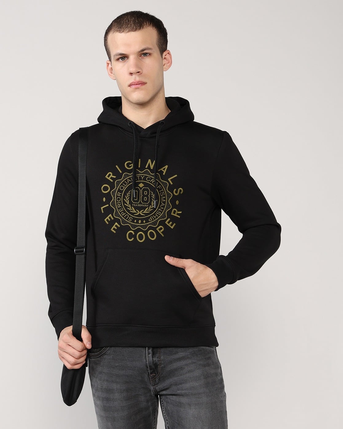 Lee Cooper Men Brand Embroidered Regular Fit Hoodie For Men (Black, L)