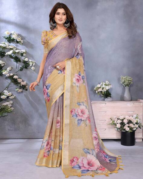 Nyrika Women Floral Print Saree with Contrast Border & Tassels