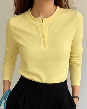 bollyclues Women Ribbed Regular Fit Henley T-Shirt-picture-20