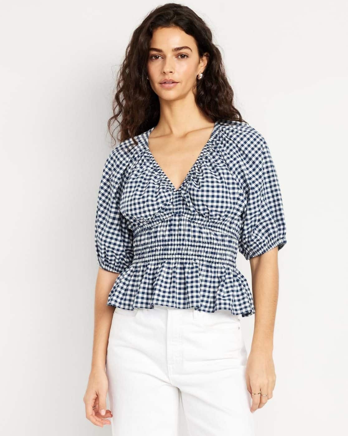 Buy OLD NAVY Women V-Neck Smocked Gingham Top Online | Ajio.com