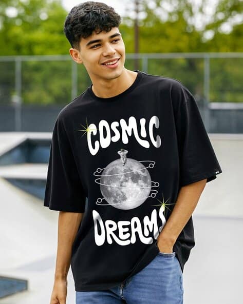 BEWAKOOF Men Jet Cosmic Dreams Graphic Print Oversized Fit T-Shirt