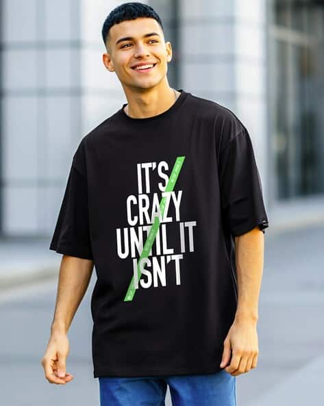 BEWAKOOF Men Jet It's Crazy Typography Oversized Fit T-Shirt