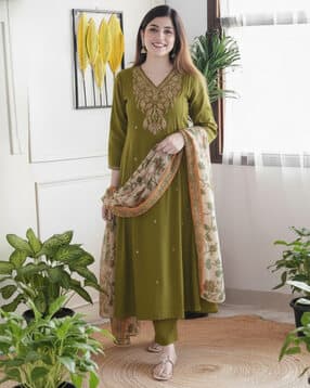 Women Embroidered A-Line Kurta Set with Dupatta-image-23