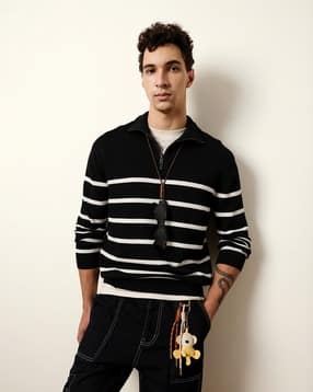 the bear house Men Pure Cotton Striped Half Zip Closure Sweatshirt-picture-36