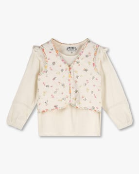 kg frendz Girls Ditsy Print Regular Fit Round-Neck T-Shirt with Quilted Vest-picture-34