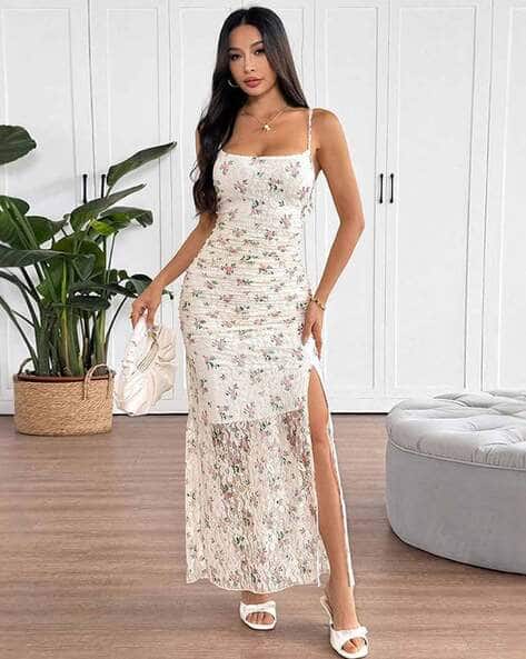 white bodycon dress with flowers Buy Outzidr Global Women Floral Print Dr... Online autumn wedding guest dresses Size medium measures 38.5 Color:Blush/Gold A-Line Off Shoulder Tulle